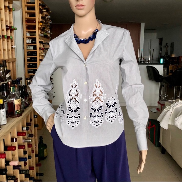 Theory Weylend Grey/White Stripe Shirt / Blouse - Picture 3 of 12